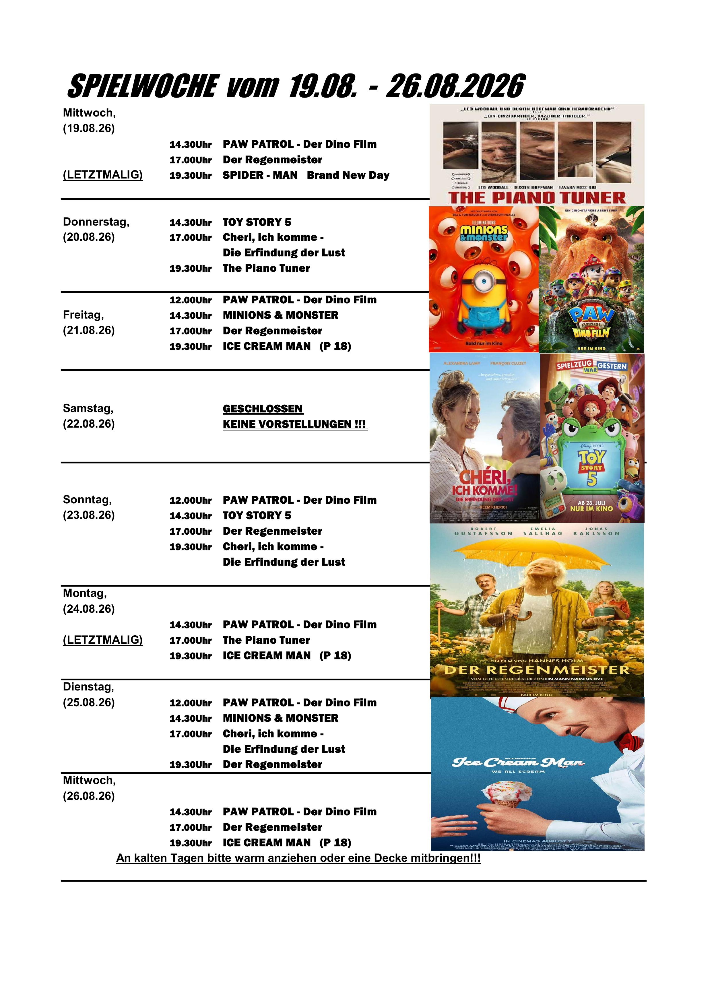 Spielwoche vom 24.06. bis 01.07.2026 - Programm Sommerkino Blinkfeuer Dierhagen